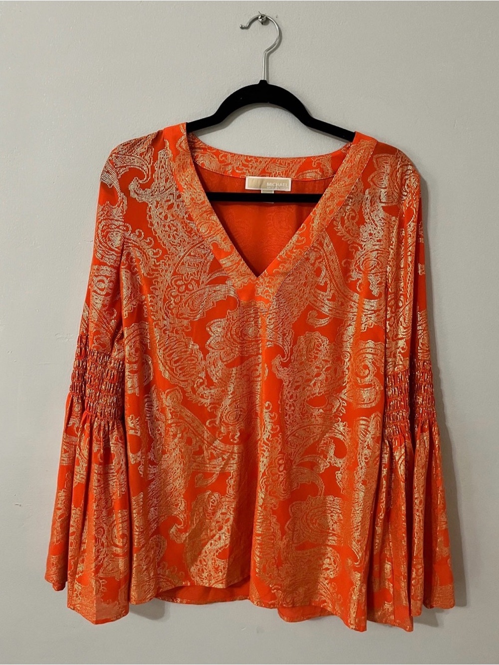 Michael Kors Orange Paisley V-Neck Bell Sleeve Blouse